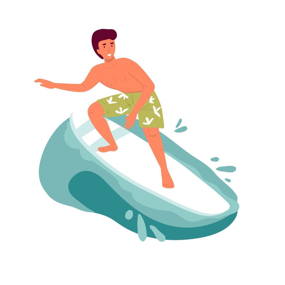 vector surfer character with surfboard standing and riding on ocean wave. flat isolated on white