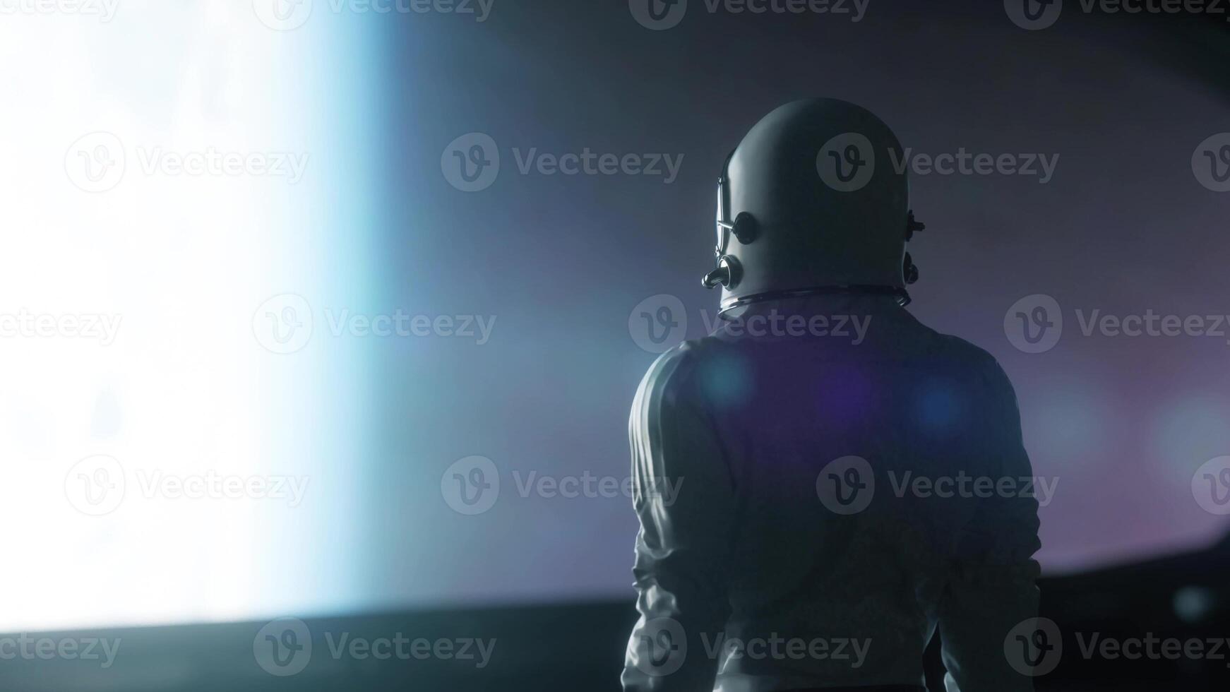 Alone astronaut in futuristic spaceship, room. 3d rendering photo