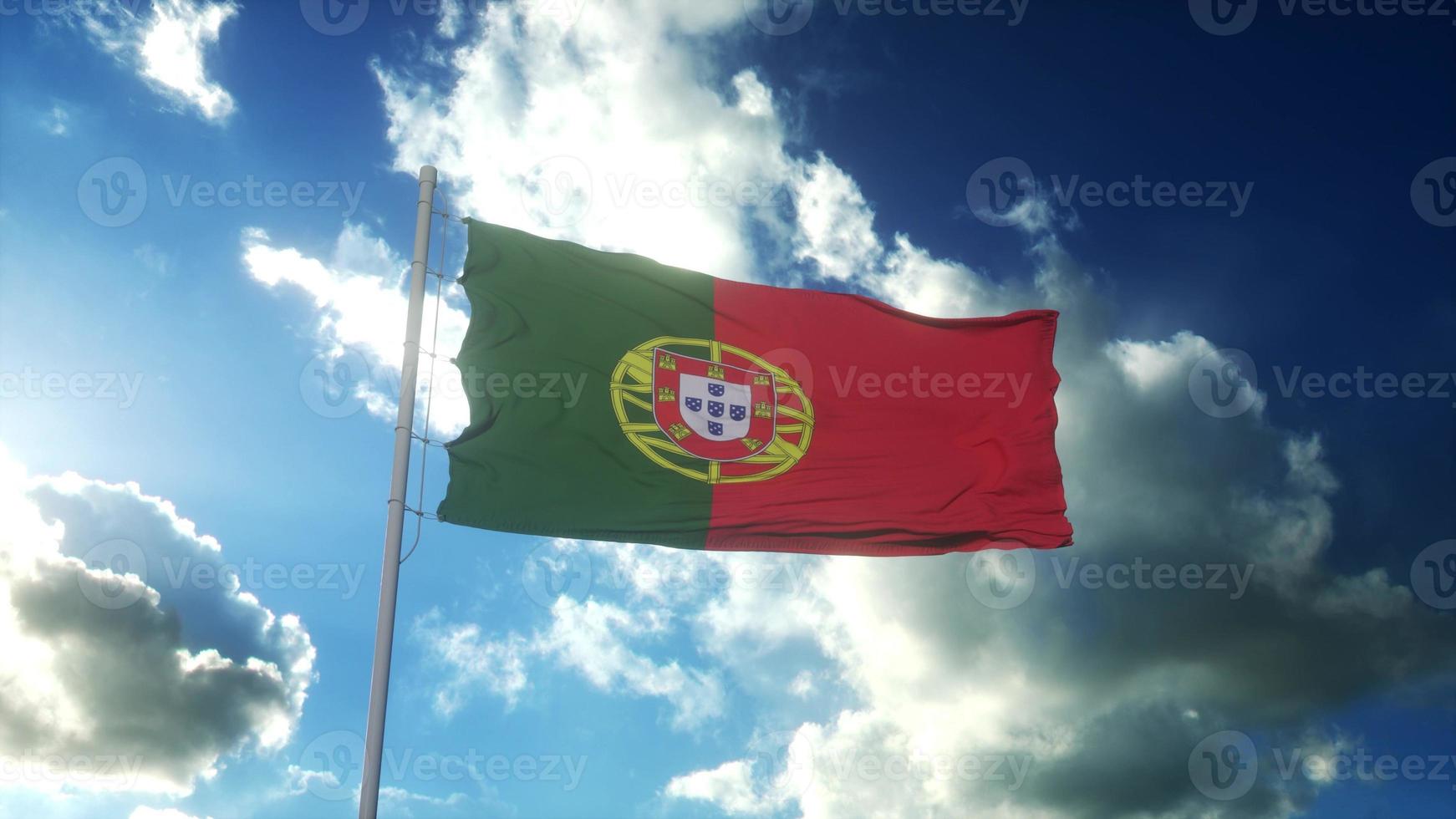 Flag of Portugal waving at wind against beautiful blue sky. 3d rendering photo