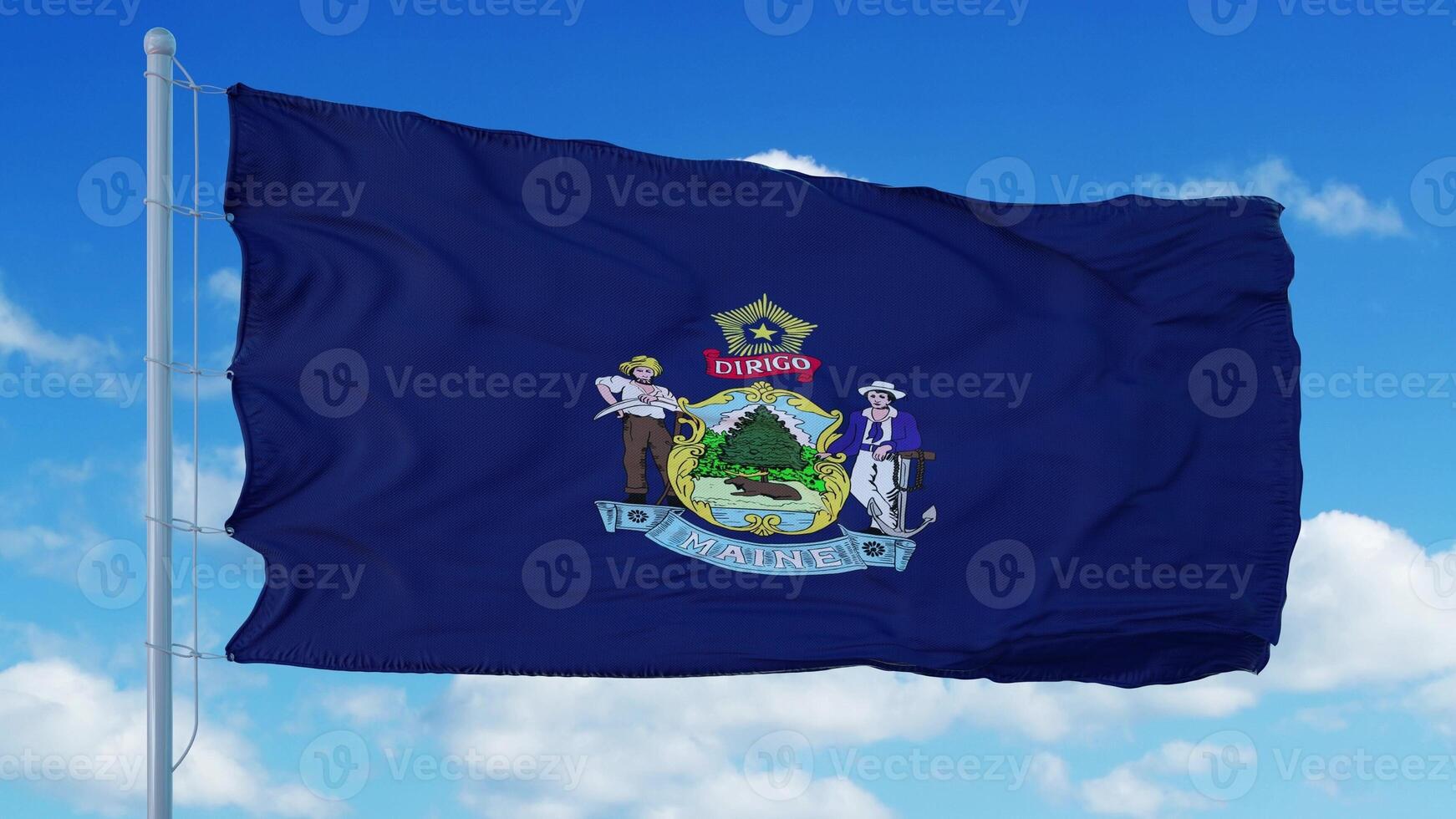 Maine flag on a flagpole waving in the wind, blue sky background. 3d rendering photo