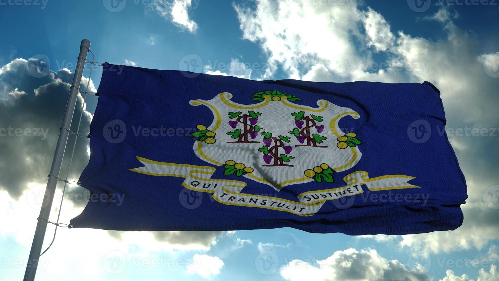 Connecticut flag on a flagpole waving in the wind in the sky. 3d rendering photo