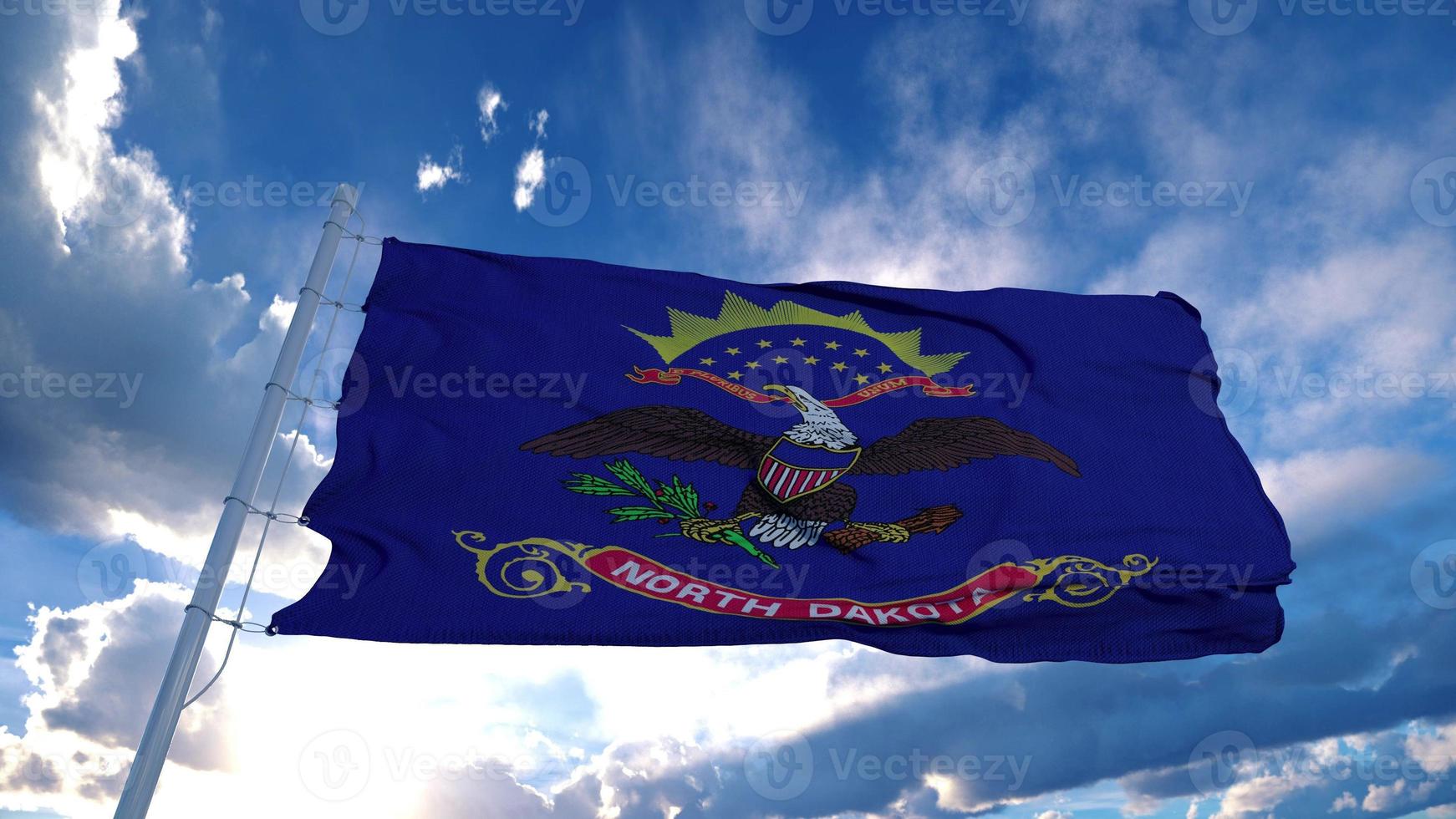 North Dakota flag on a flagpole waving in the wind, blue sky background. 3d rendering photo
