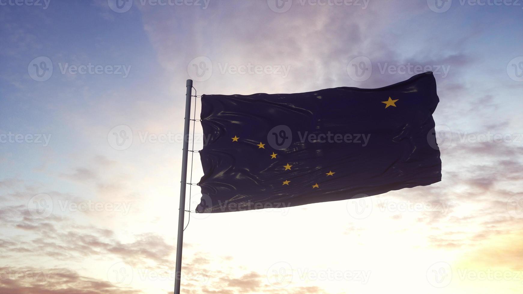 State flag of Alaska waving in the wind. Dramatic sky background. 3d illustration photo