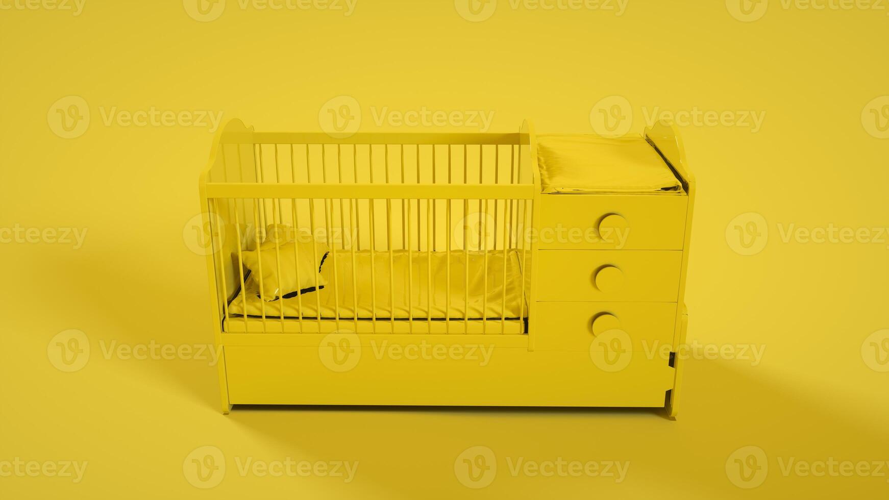Wooden baby cot isolated on yellow background. 3d rendering photo