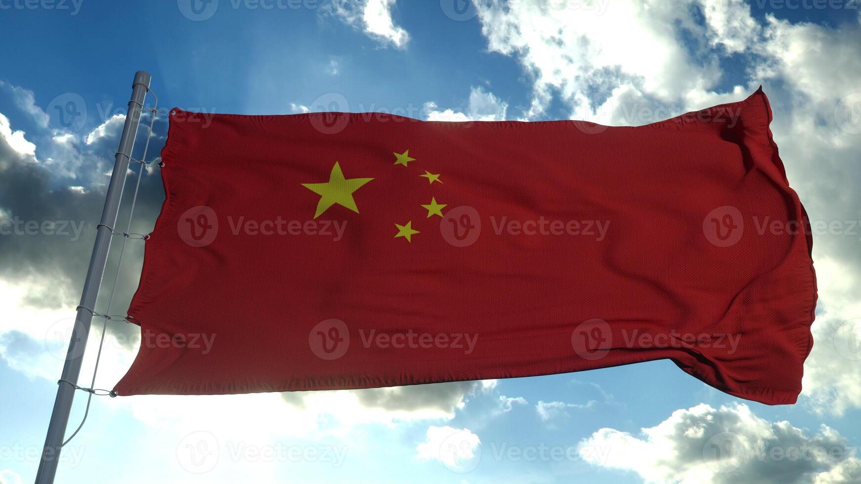 Chinese Flag Waving In Sky. China national red flag flying in clouds. 3d rendering photo