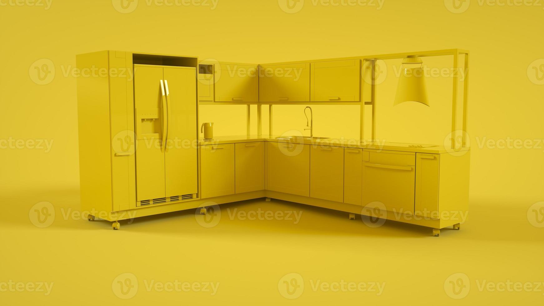 cocina interior 3d aislado sobre fondo amarillo. representación 3d foto