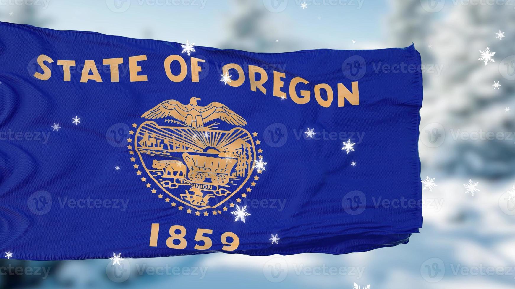 Oregon winter snowflakes flag background. United States of America. 3d illustration photo