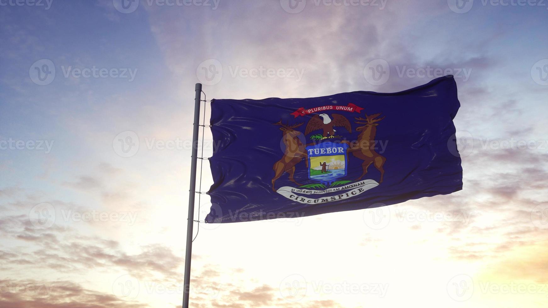 bandera estatal de michigan ondeando en el viento. fondo de cielo dramático. ilustración 3d foto