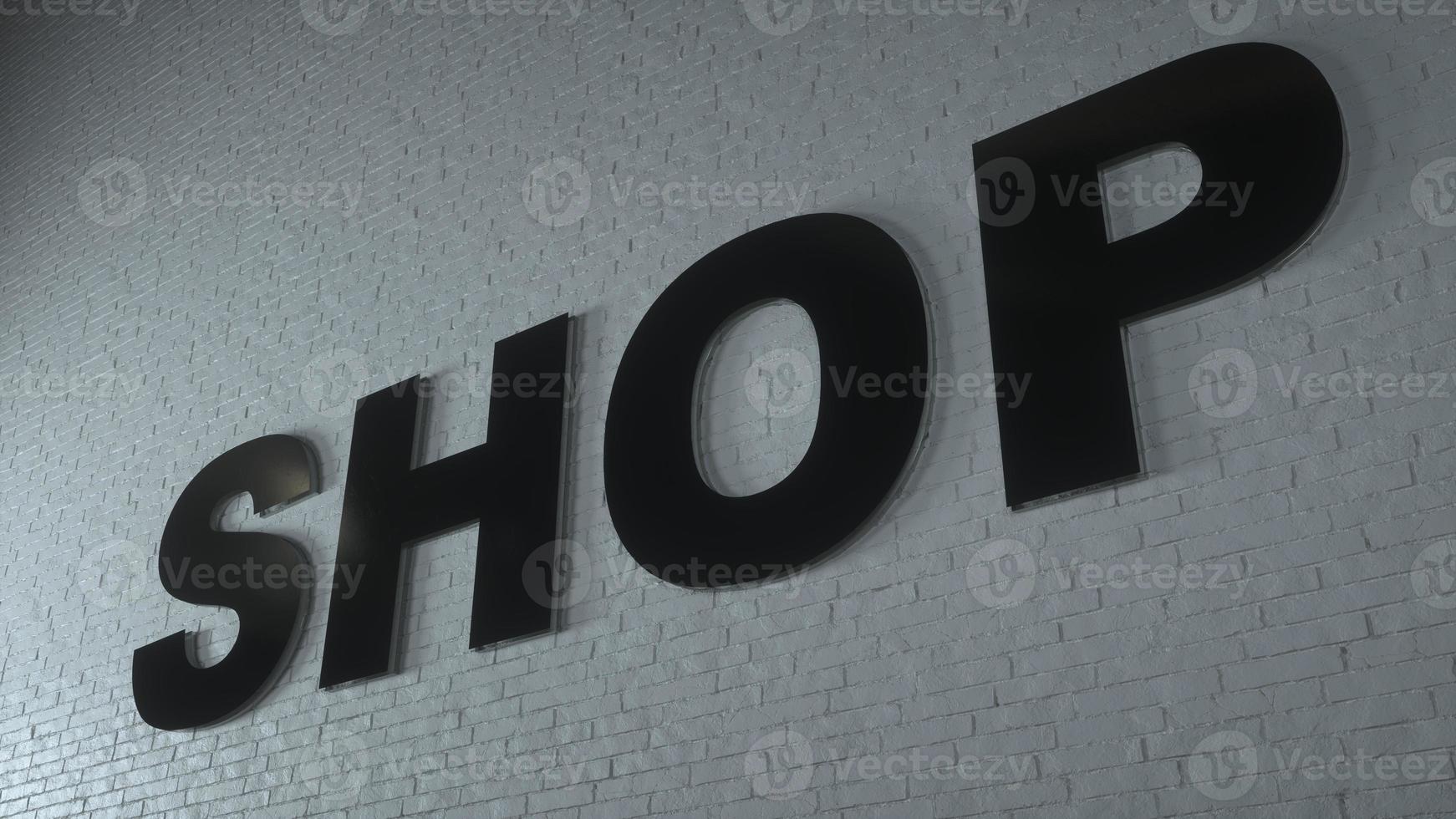 The black SHOP text is put on the white brick wall. 3d rendering photo