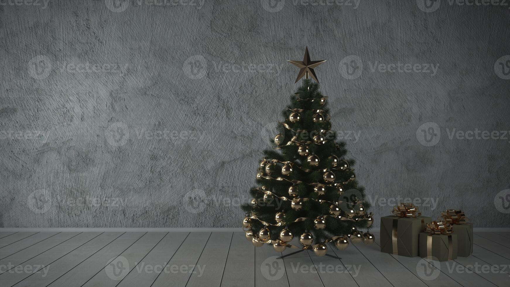 Decorated christmas tree with lots of presents in an empty grey classic room. 3d rendering photo