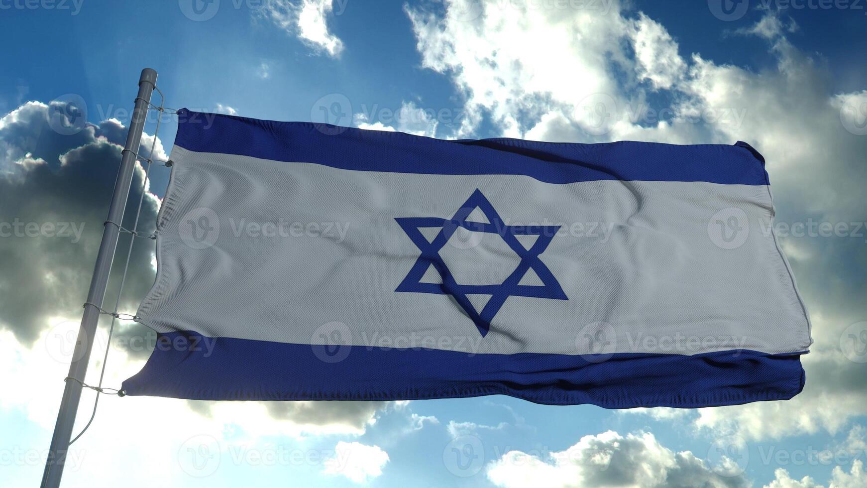 Israel flag waving in the wind against deep blue sky. National theme, international concept. 3d rendering photo