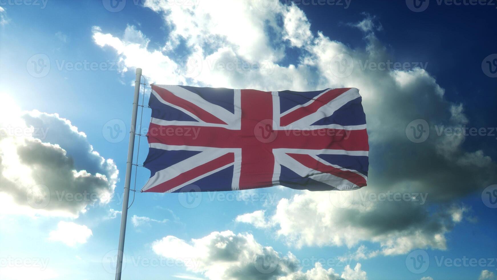 Flag of United Kingdom waving at wind against beautiful blue sky. 3d rendering photo