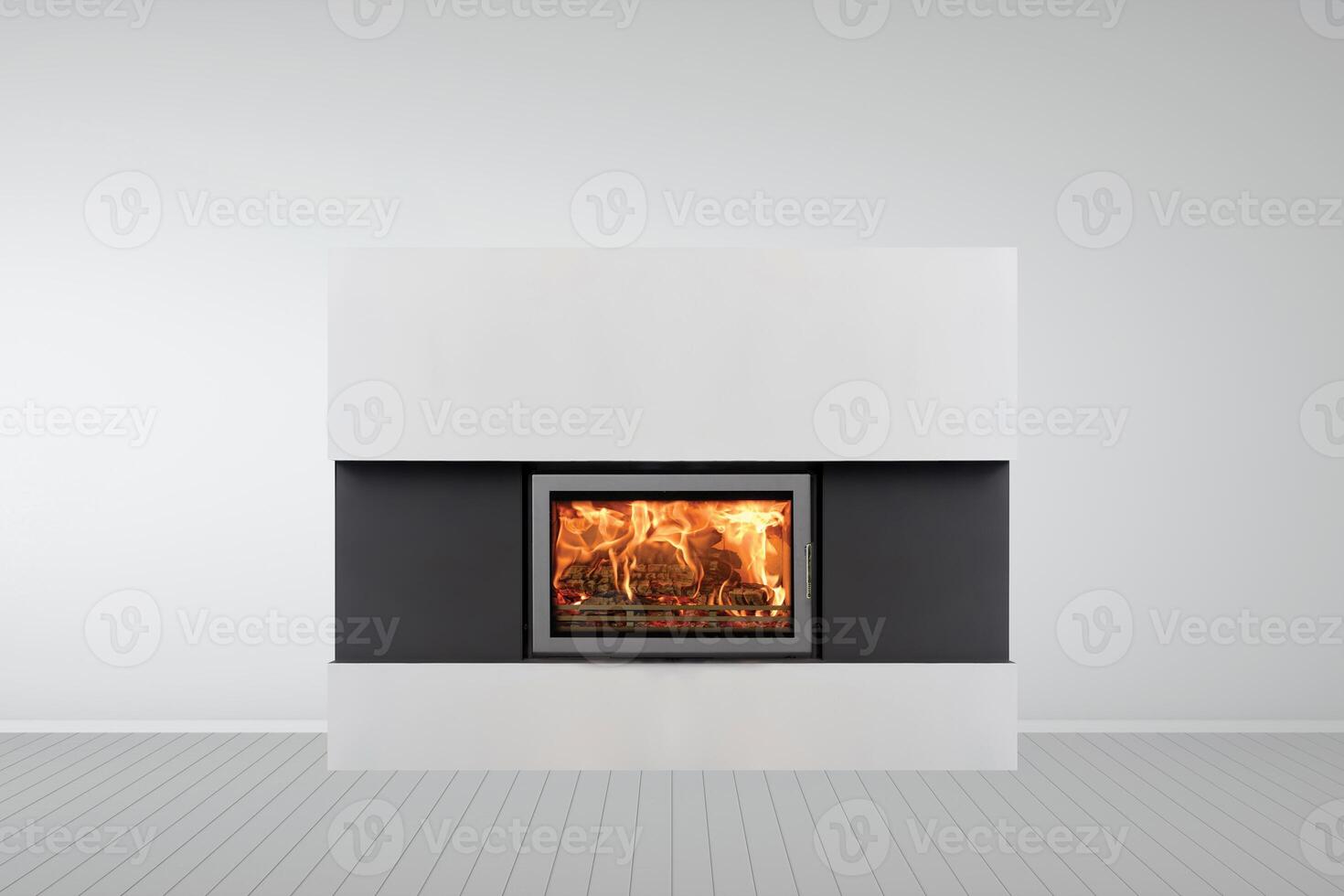 Interior of empty classic white room with modern fireplace photo