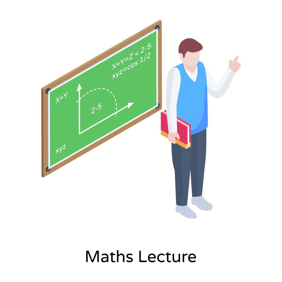 un profesor dando una conferencia de matemáticas, icono isométrico vector