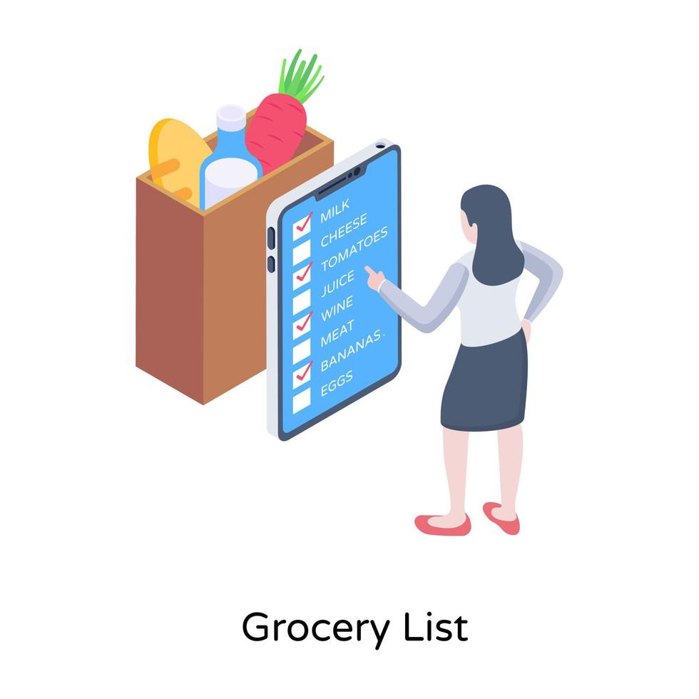 dama revisando la lista de compras en línea, ilustración isométrica vector