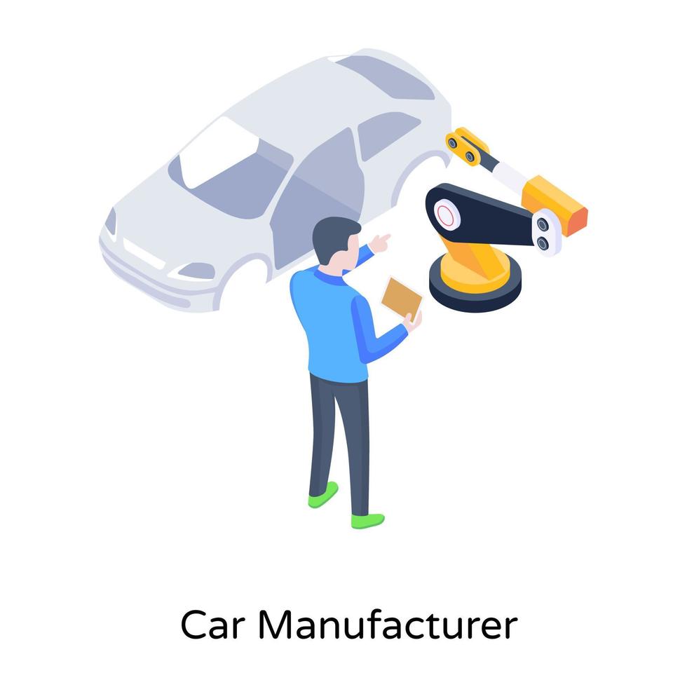 Robotic arm and vehicle, isometric icon of car manufacturer vector