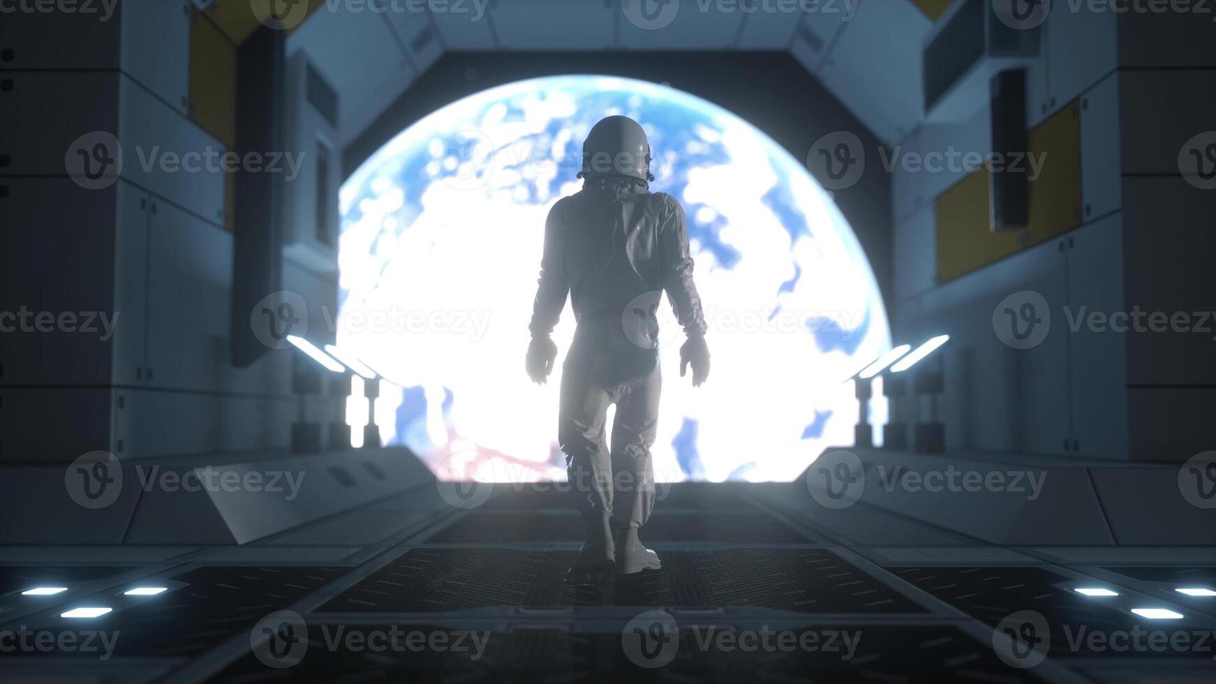 Astronaut in outer space. Futuristic astronaut concept. Alone astronaut in futuristic space ship. 3d rendering photo