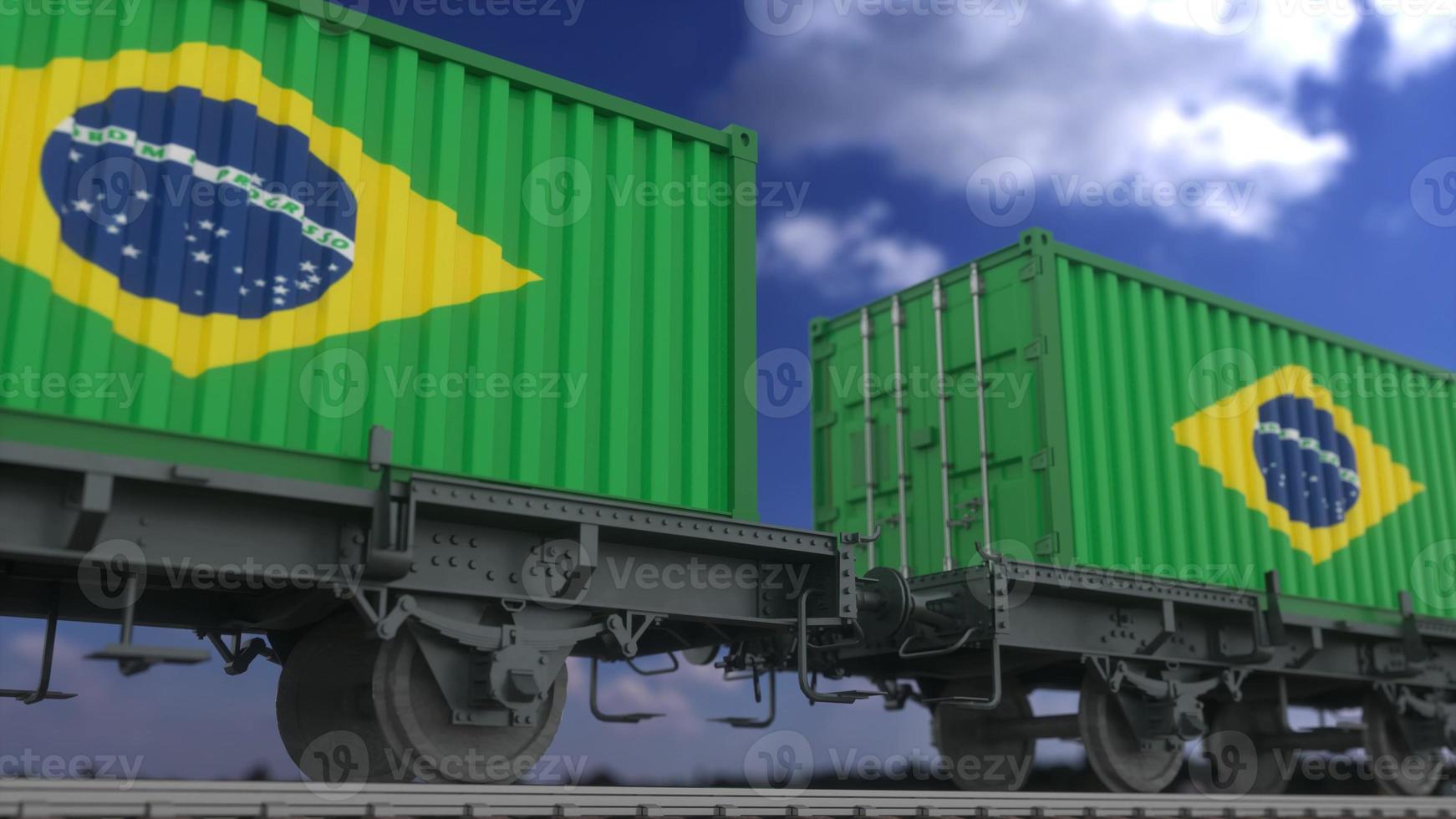 Containers with the flag of Brazil. Railway transportation. 3d rendering photo