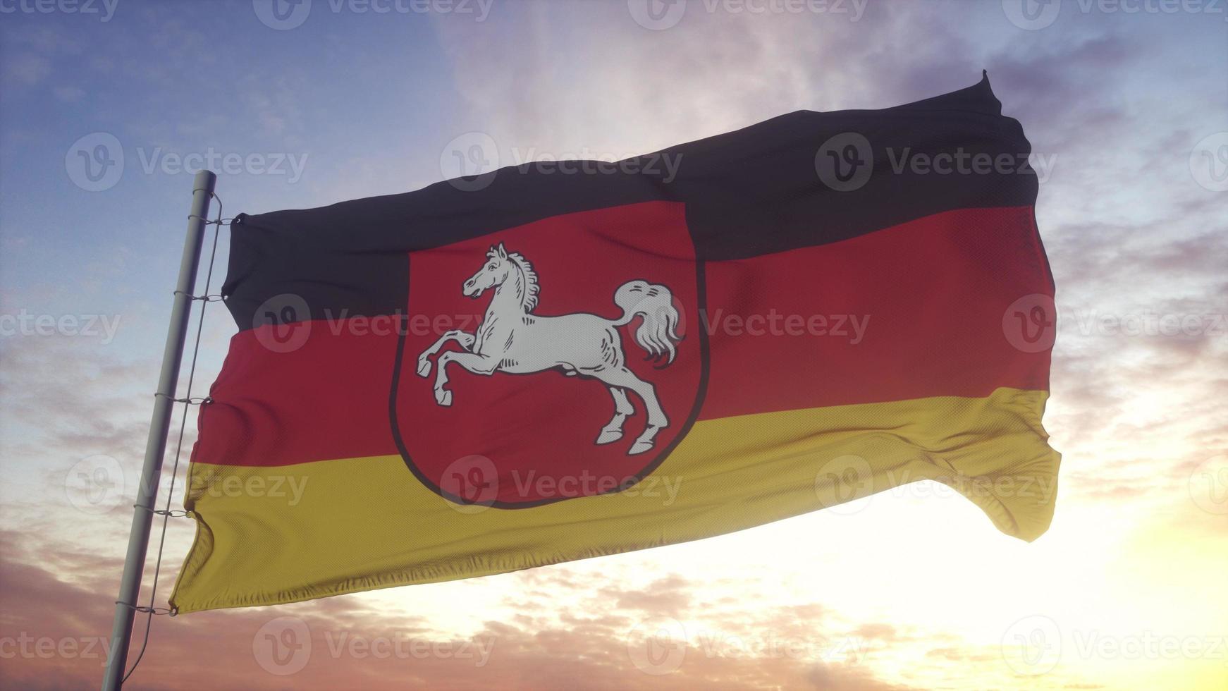 Lower Saxony flag, Germany, waving in the wind, sky and sun background. 3d rendering photo