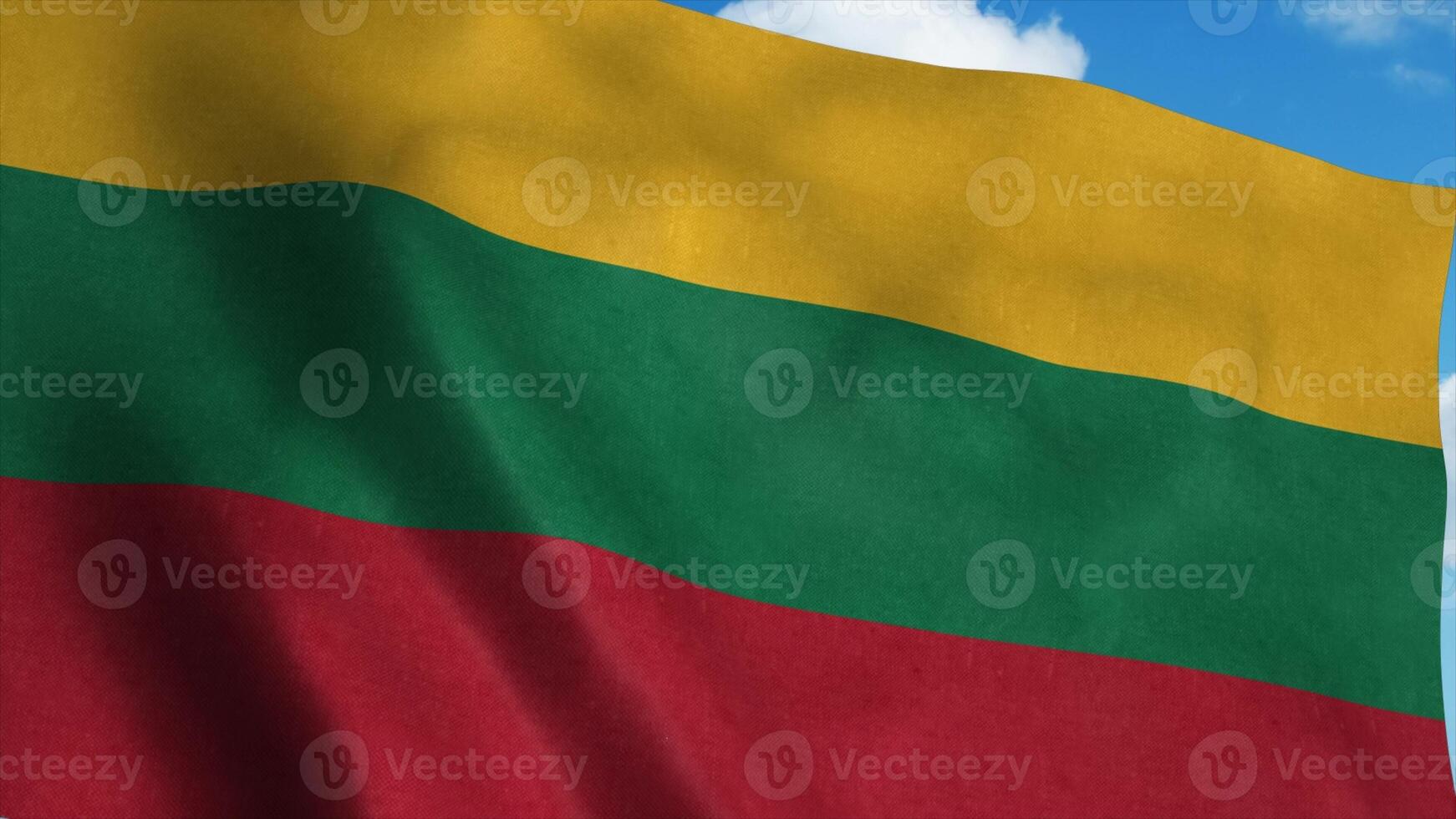 Lithuania flag waving in the wind, blue sky background. 3d rendering photo