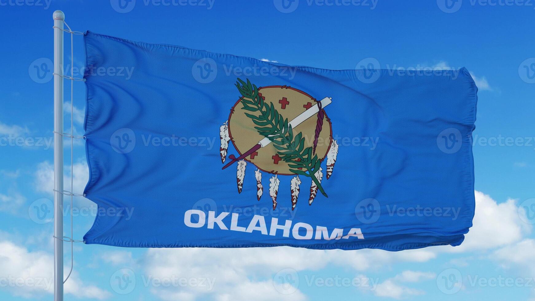 bandera de oklahoma en un asta de bandera ondeando en el viento, fondo de cielo azul. representación 3d foto