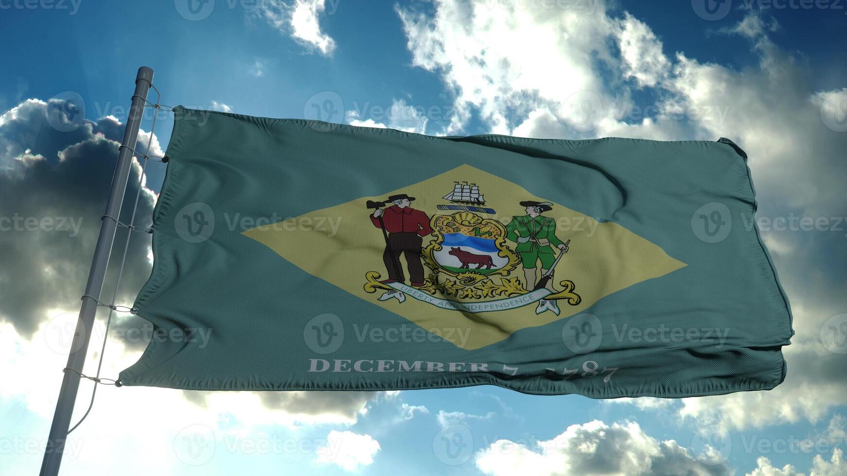 Delaware flag on a flagpole waving in the wind in the sky. 3d rendering photo