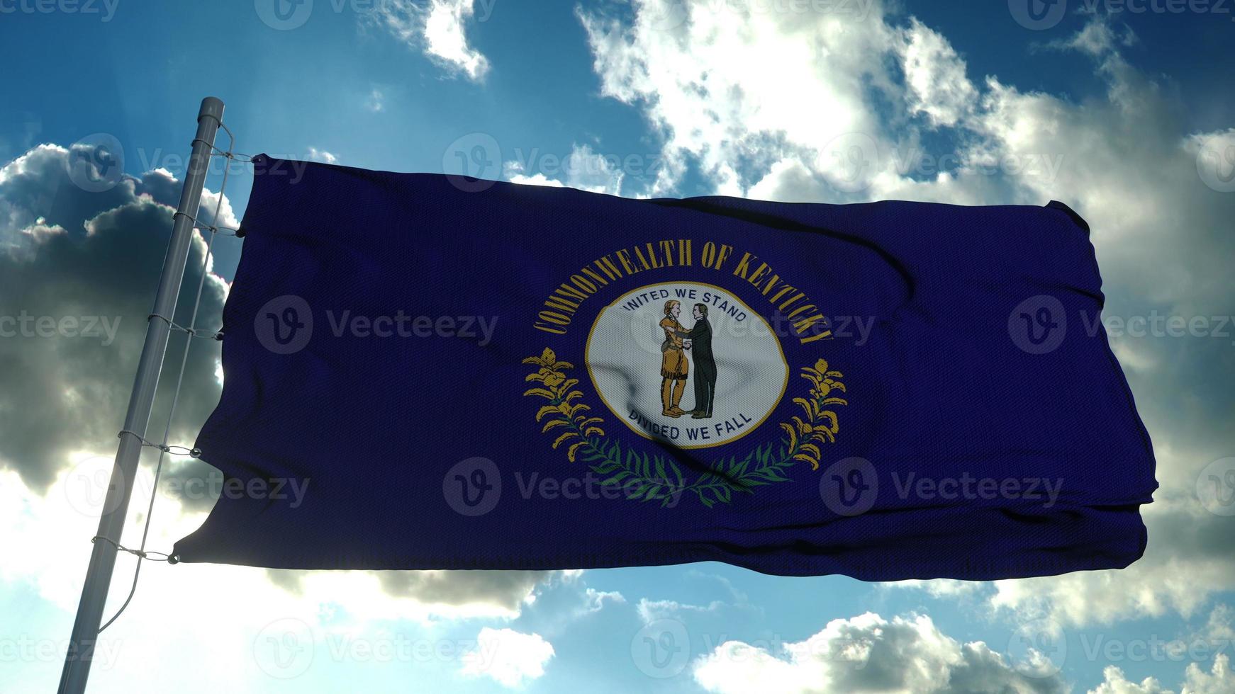 Kentucky flag on a flagpole waving in the wind, blue sky background. 3d rendering photo