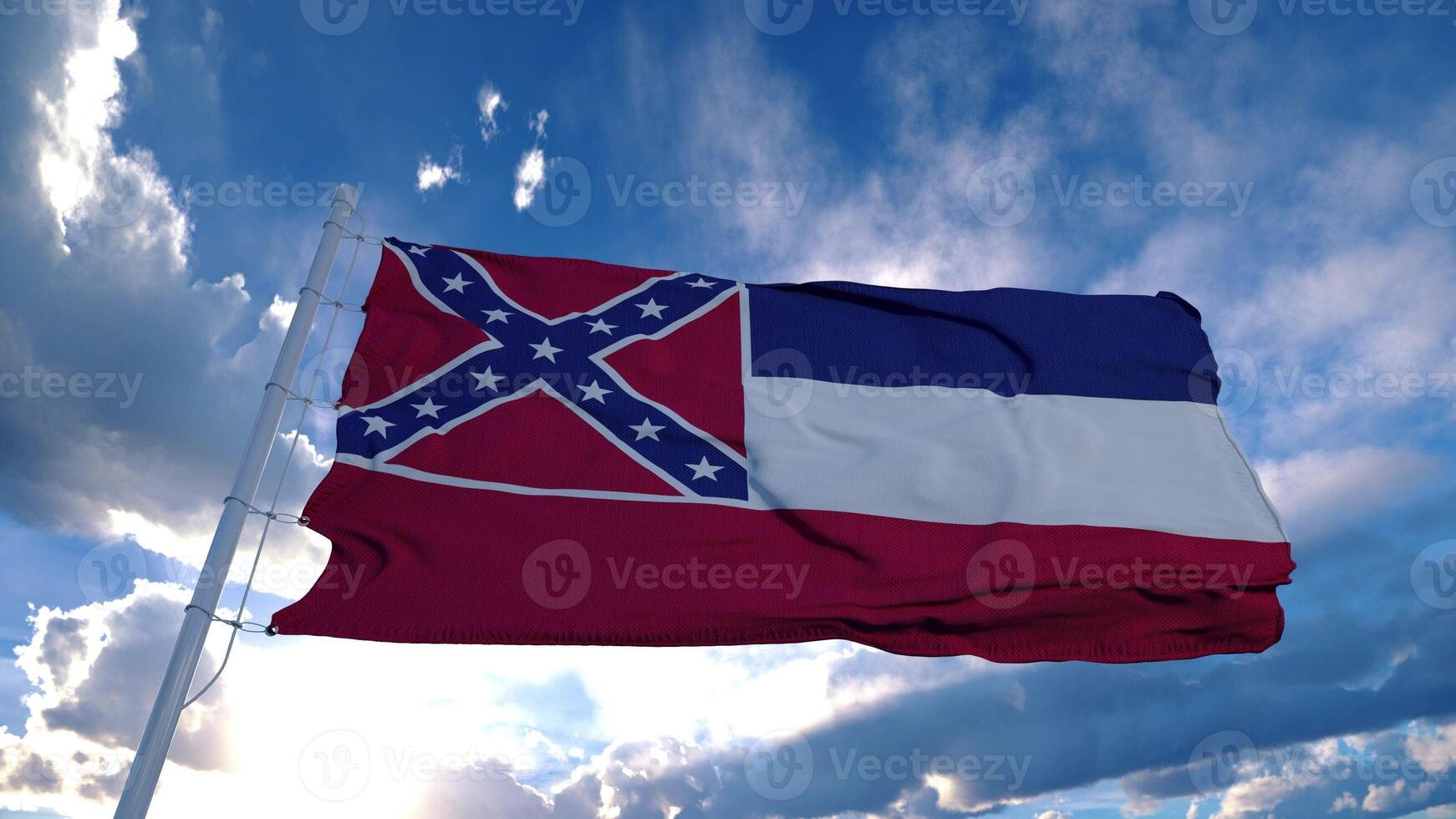 Mississippi flag on a flagpole waving in the wind, blue sky background. 3d rendering photo