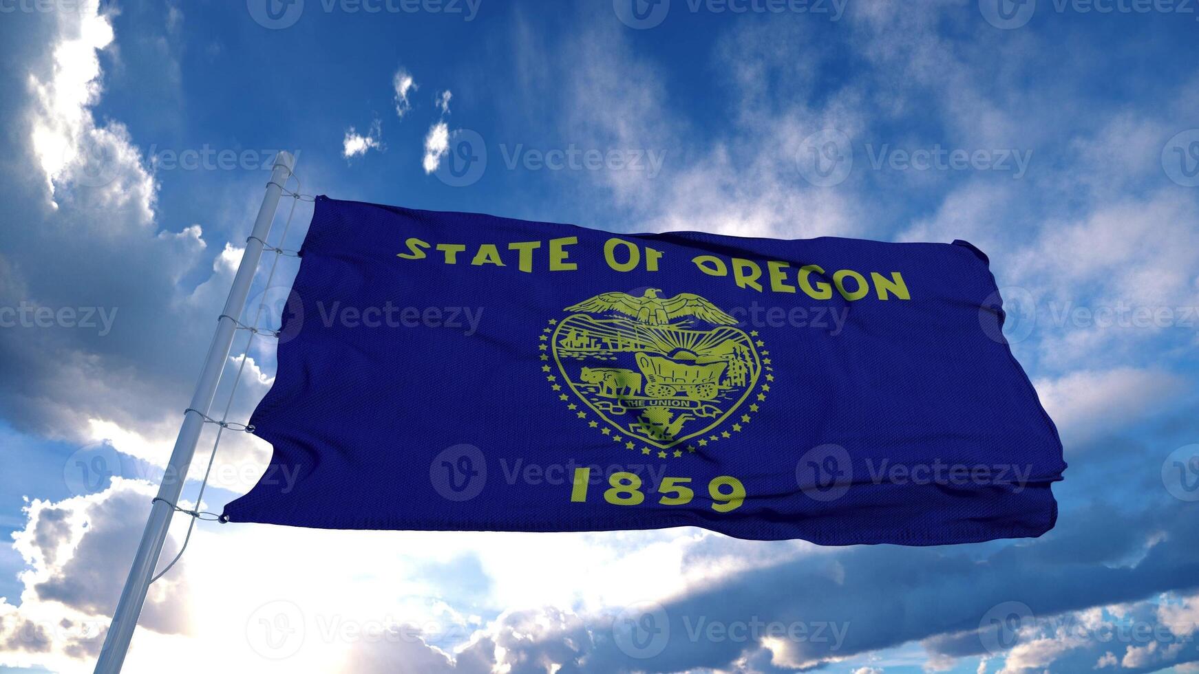 Oregon flag on a flagpole waving in the wind, blue sky background. 3d rendering photo