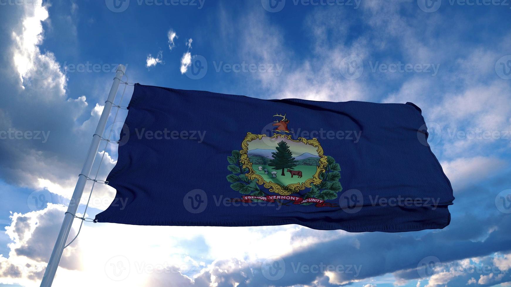 bandera de vermont en un asta de bandera ondeando en el viento, fondo de cielo azul. representación 3d foto