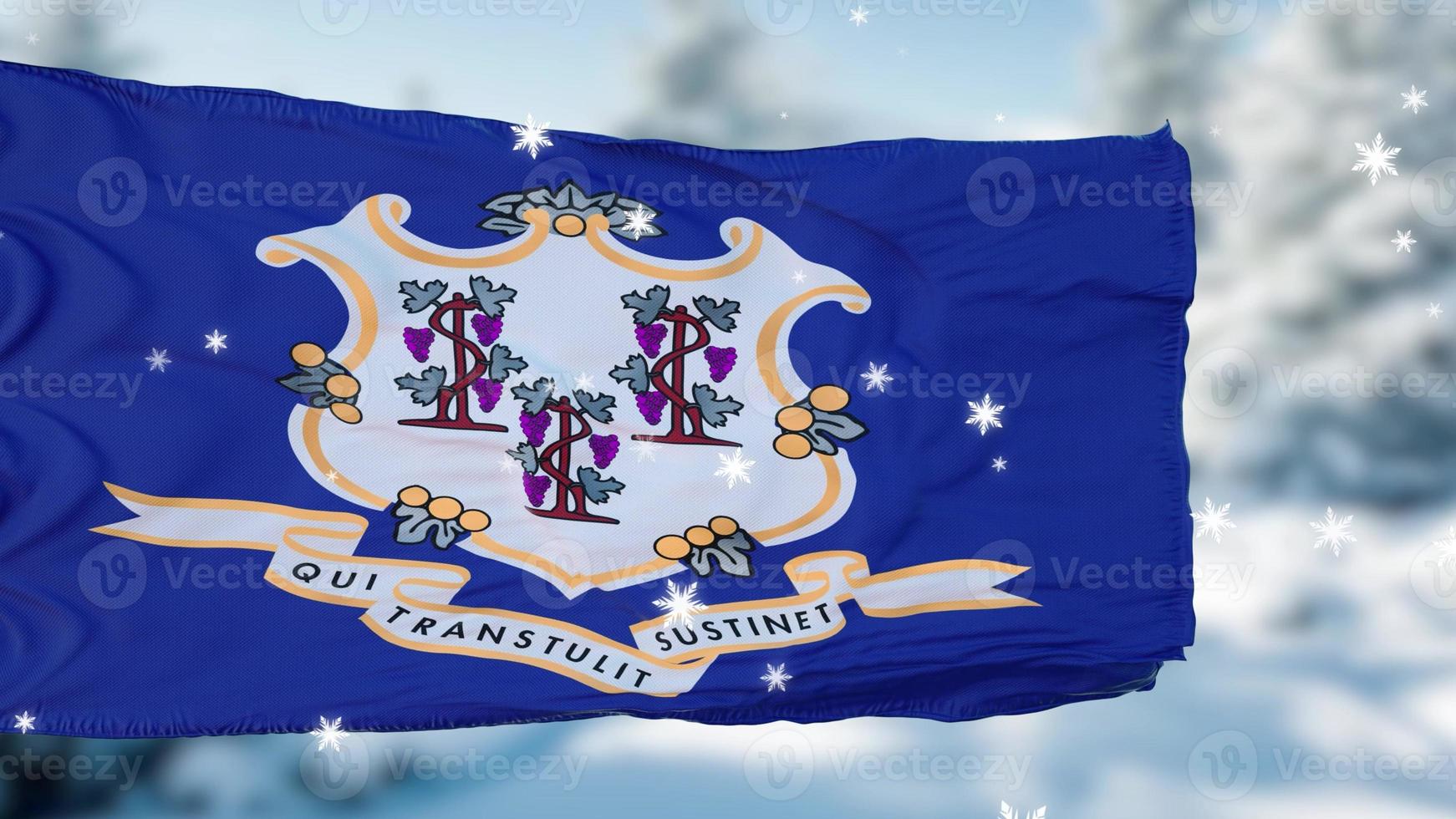 Connecticut winter snowflakes flag background. United States of America. 3d illustration photo