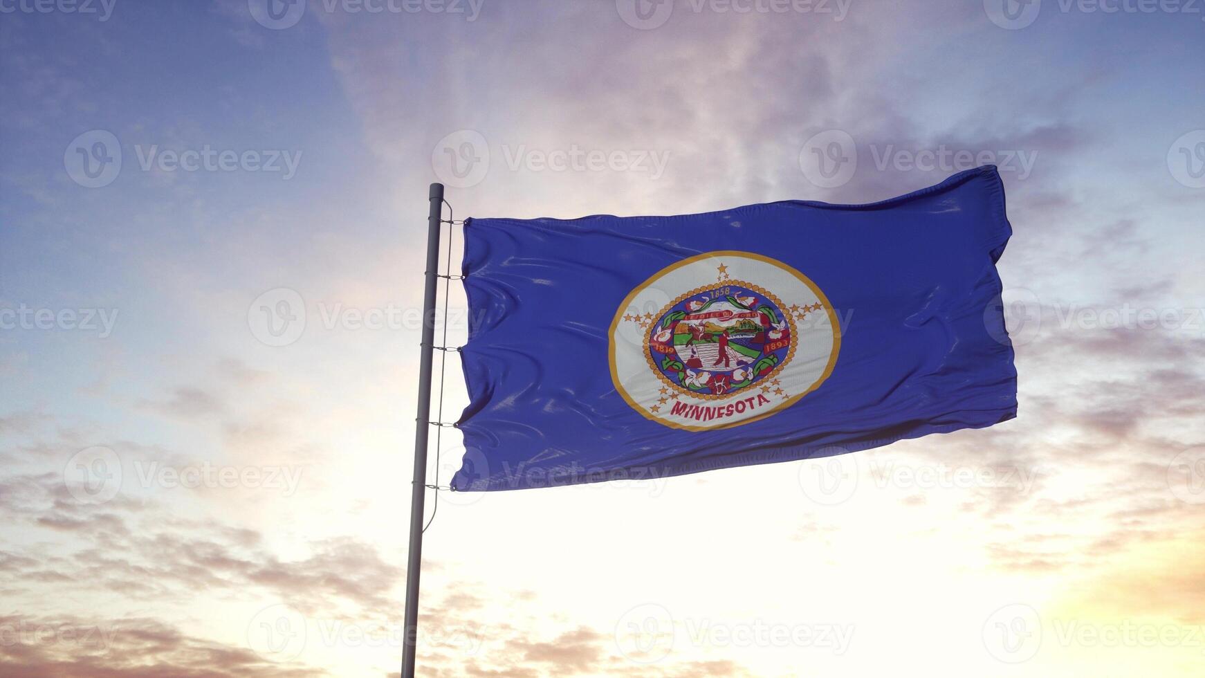 State flag of Minnesota waving in the wind. Dramatic sky background. 3d illustration photo