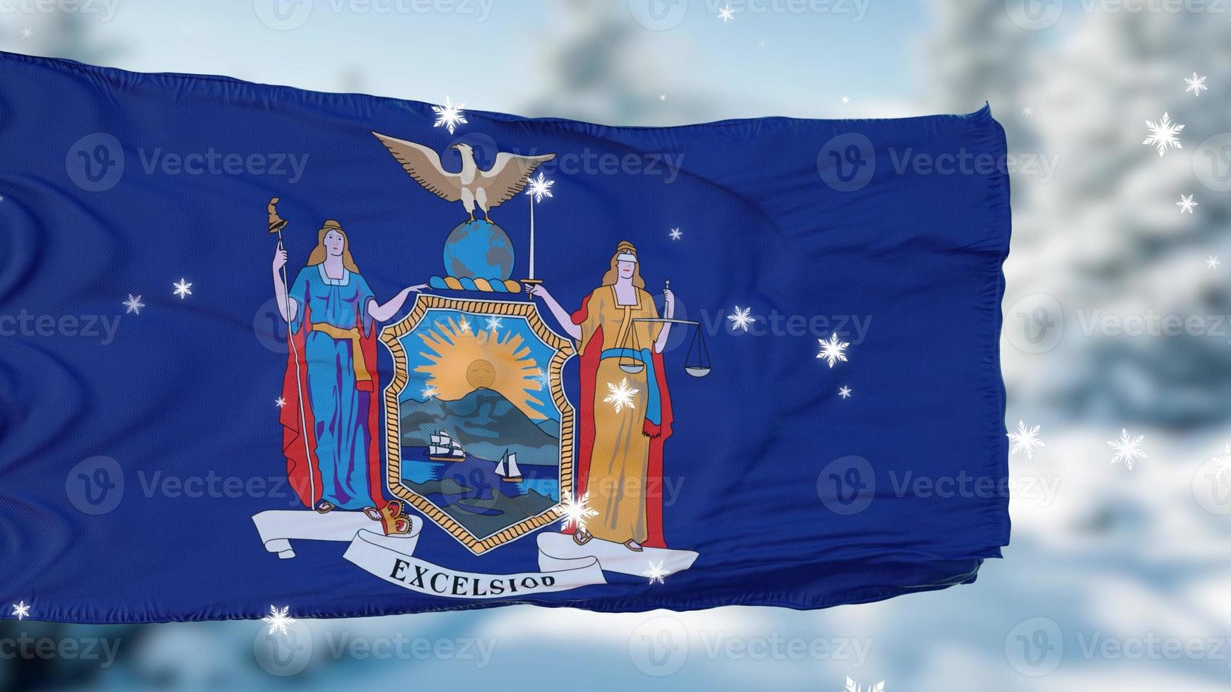 New York winter snowflakes flag background. United States of America. 3d illustration photo