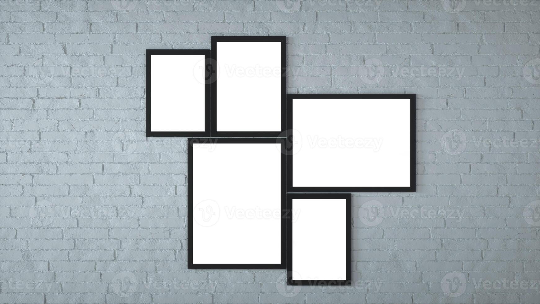Different size framed photos hanging on the grey wall. 3d rendering