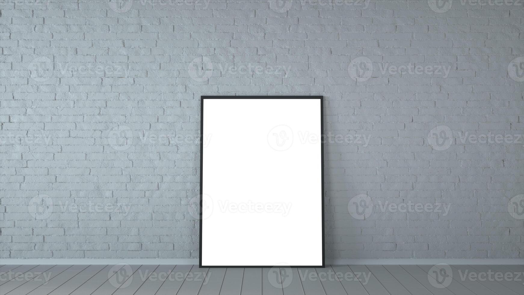 White Blank Poster in old brick wall and wooden floor room. Template Mock up for your content. For product display and advertising and promotional purposes. 3d rendering photo