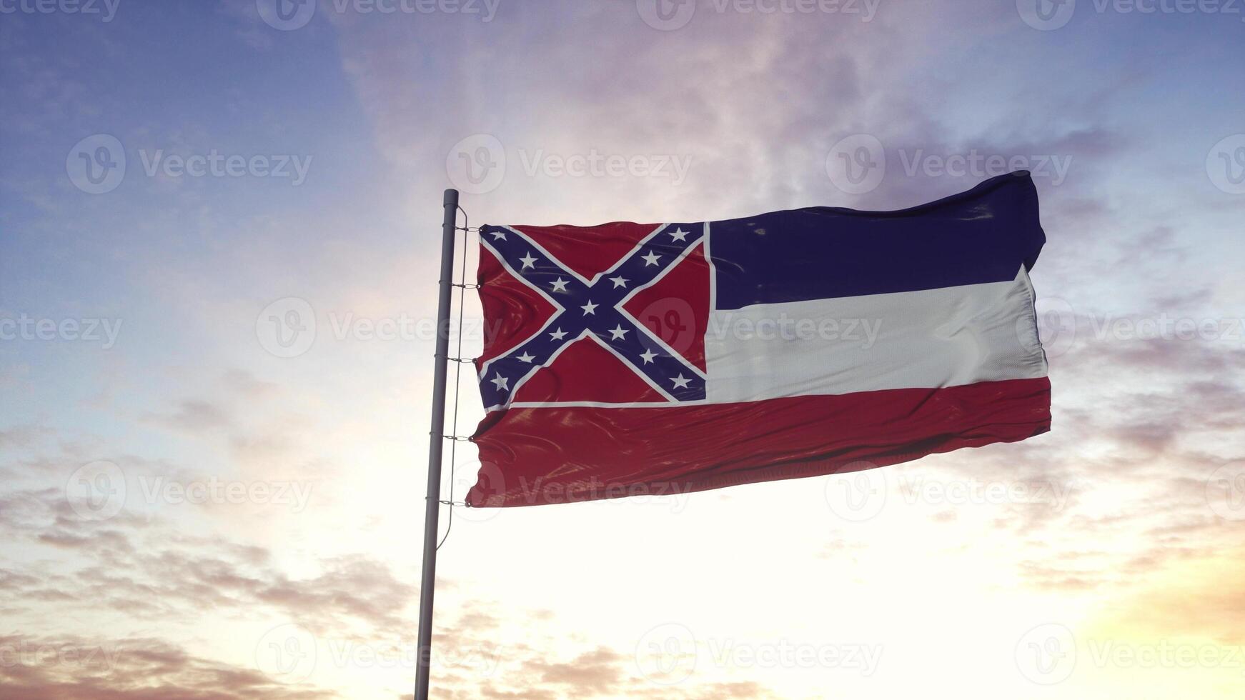 bandera estatal de mississippi ondeando en el viento. fondo de cielo dramático. ilustración 3d foto