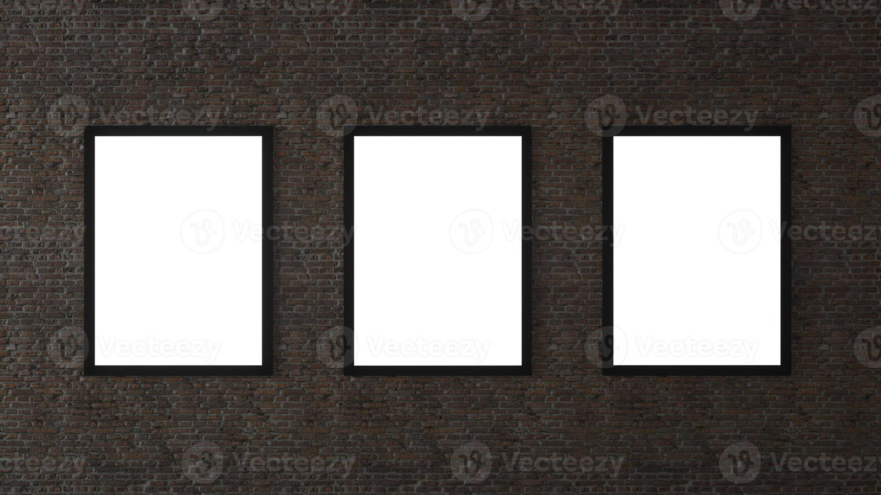 Three empty frames in a room against a white brick wall. 3d rendering photo