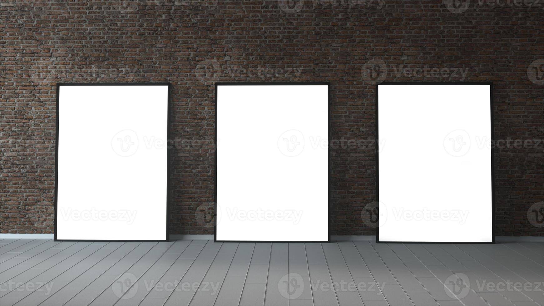 Three blank picture frame and sunlight on a brick wall. 3d rendering photo