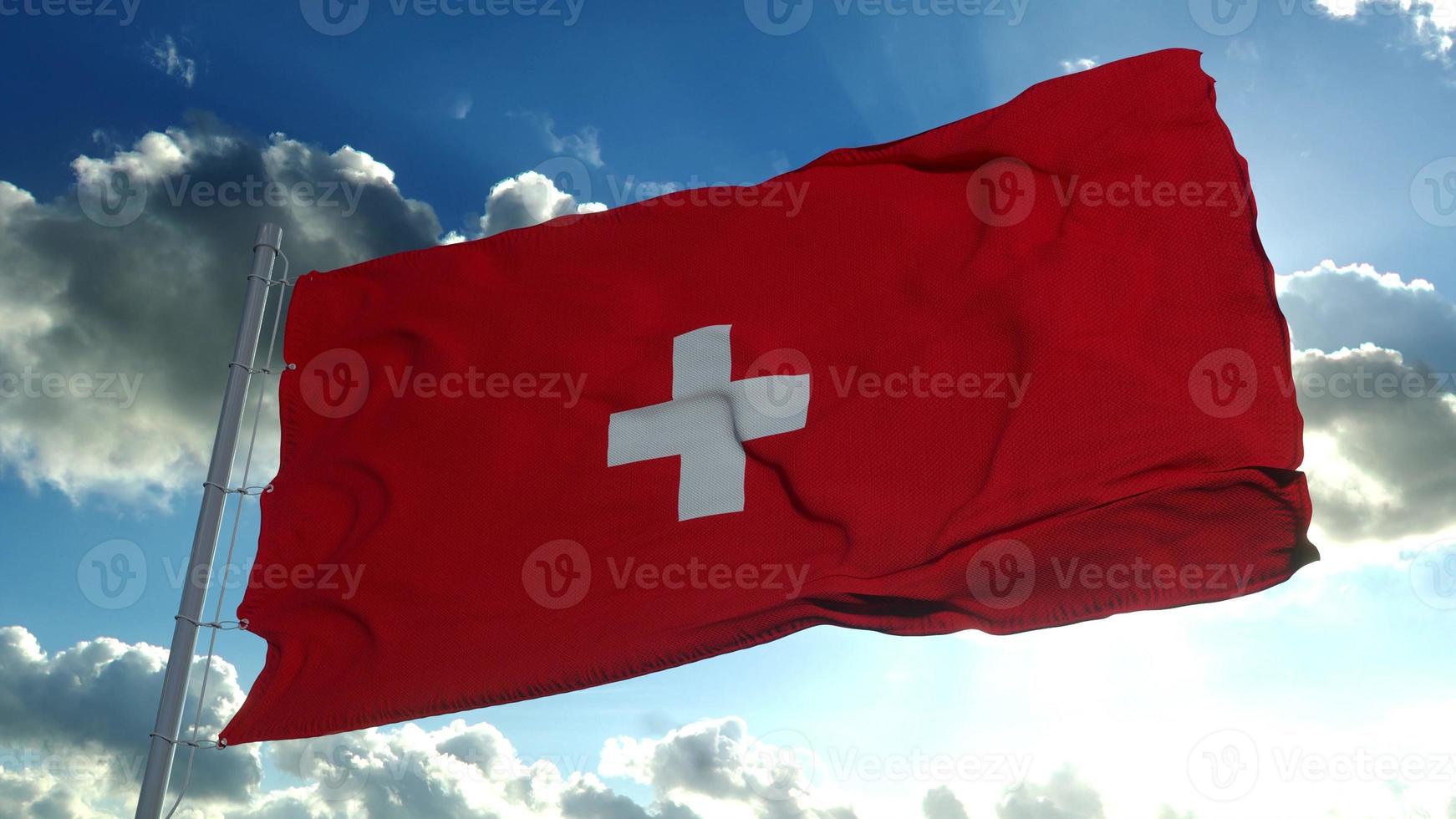 la bandera nacional de suiza ondea en el viento contra un cielo azul. representación 3d foto