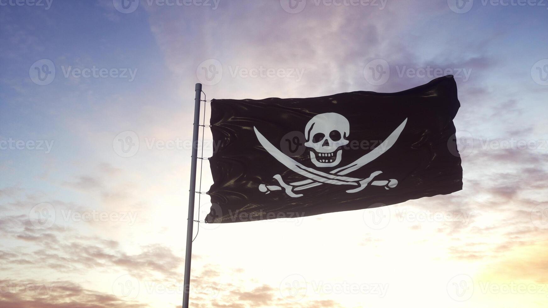 bandera pirata realista ondeando en el viento contra un cielo profundo y dramático. ilustración 3d foto