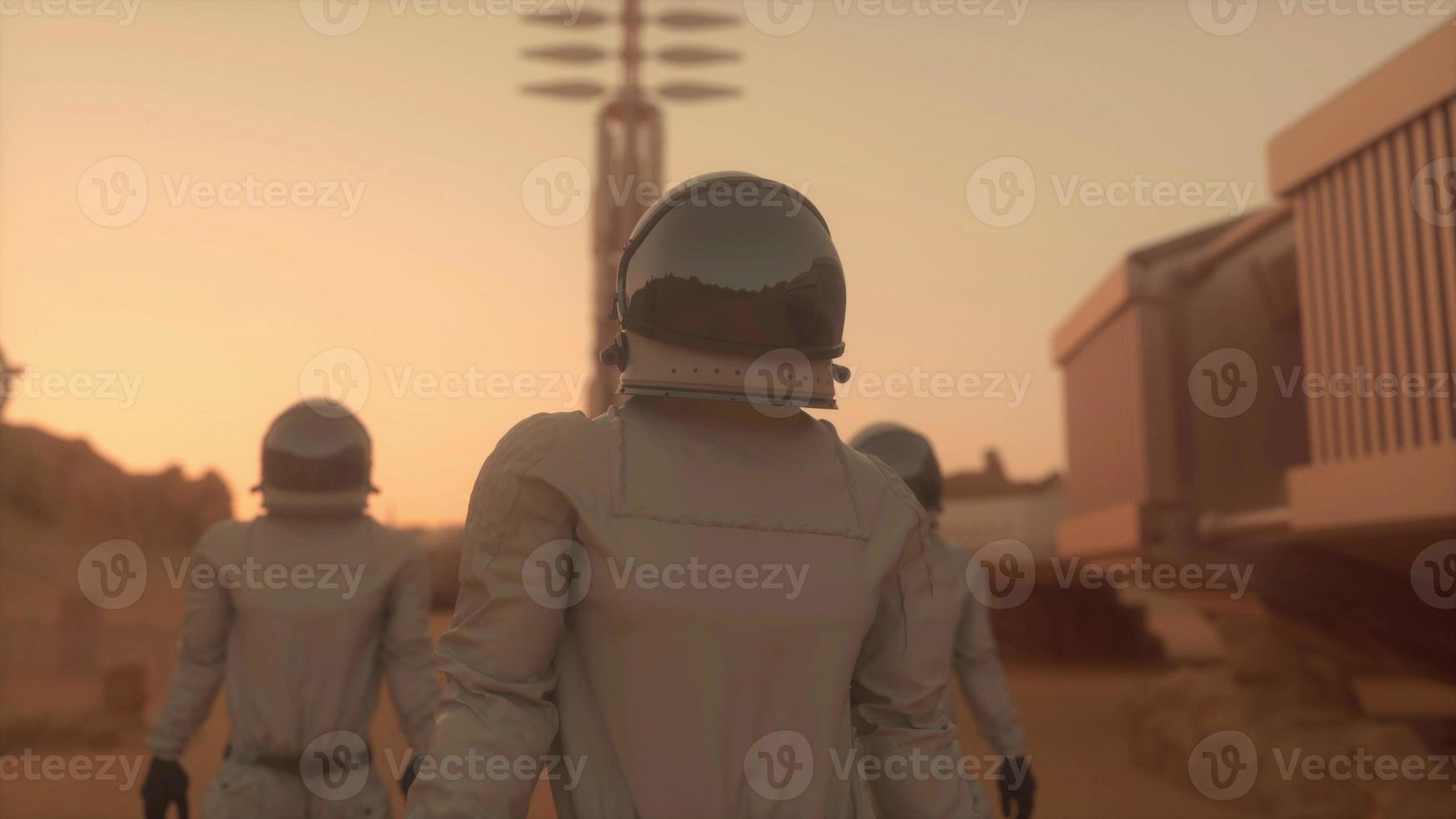 Three astronauts in spacesuits explore the planet Mars. Space Mission. Astronauts travel in space. 3d rendering photo