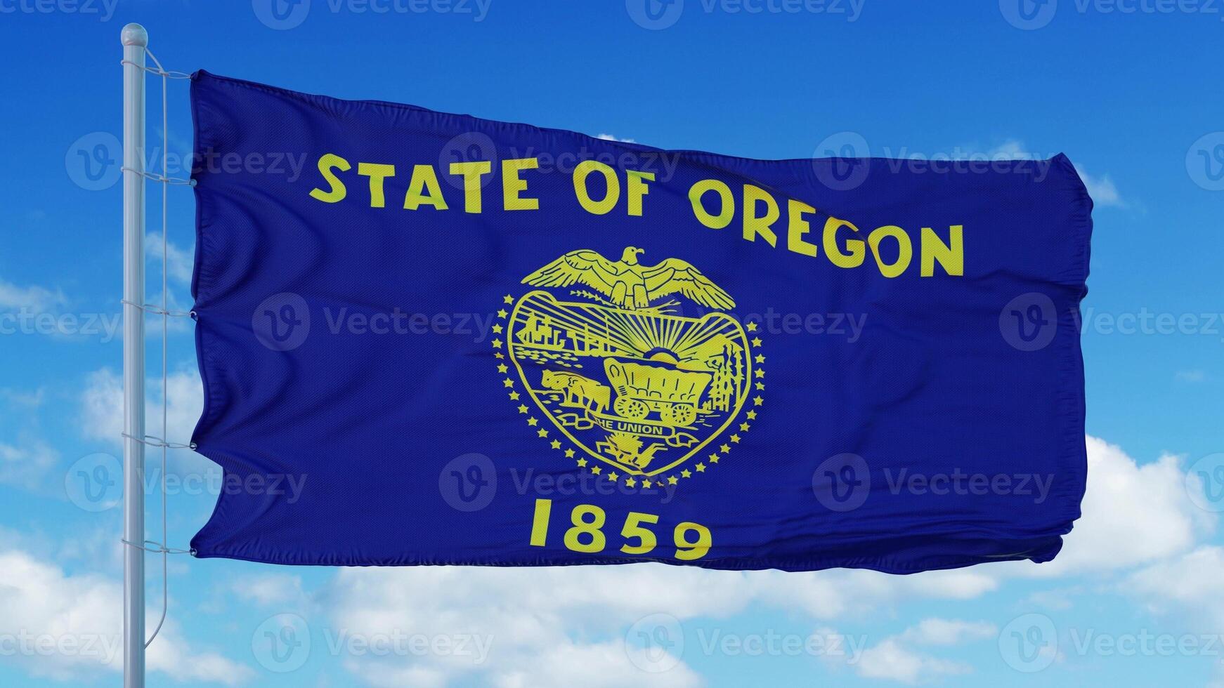 bandera de oregon en un asta de bandera ondeando en el viento, fondo de cielo azul. representación 3d foto