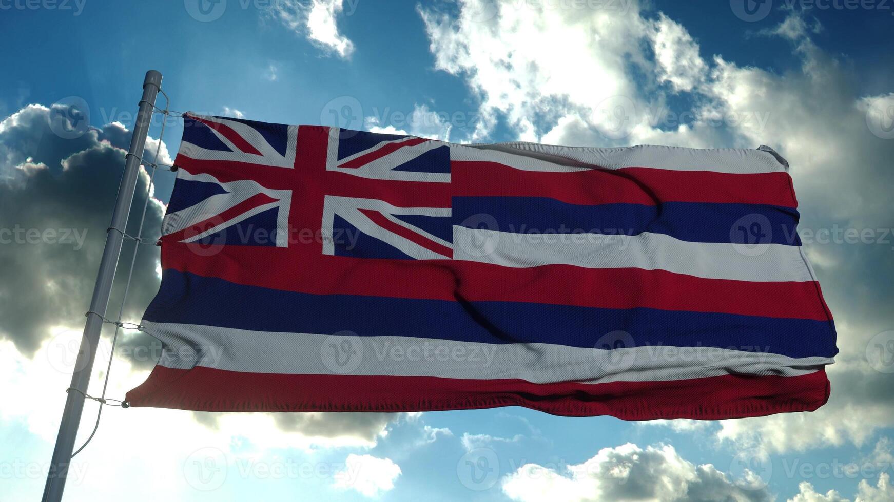 Hawaii flag on a flagpole waving in the wind in the sky. 3d rendering photo