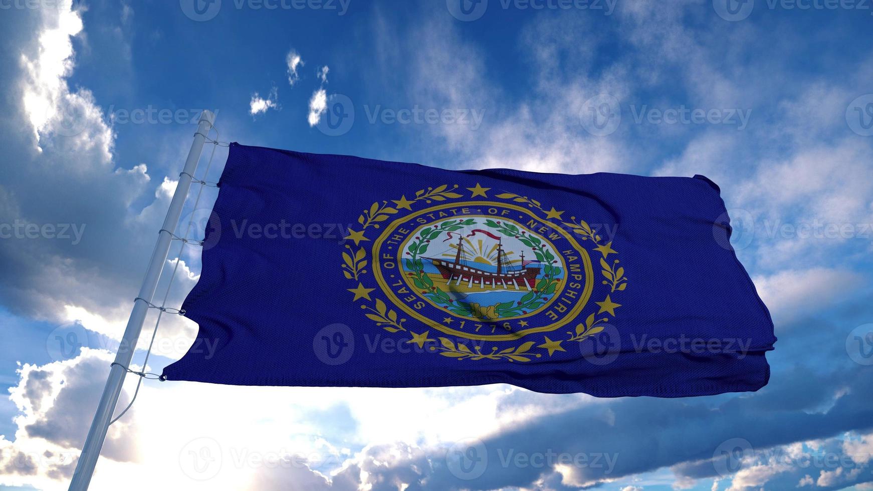 New Hampshire flag on a flagpole waving in the wind, blue sky background. 3d rendering photo