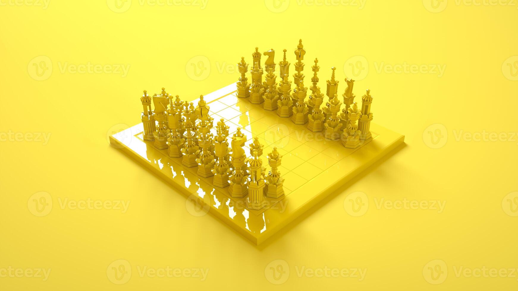 Chess Board and Pieces isolated on yellow background. 3d rendering photo