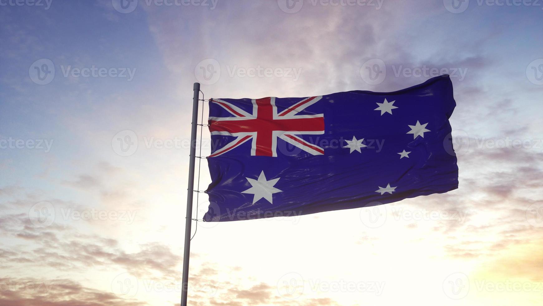 Australia Flag waving in the wind, dramatic sky background. 3d illustration photo