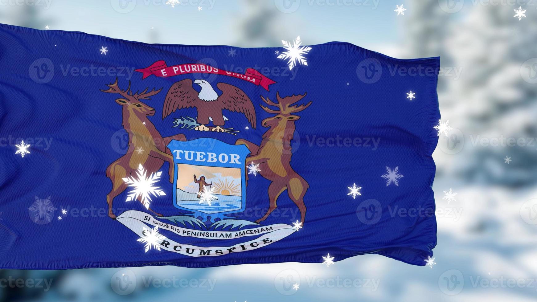 Michigan winter snowflakes flag background. United States of America. 3d illustration photo