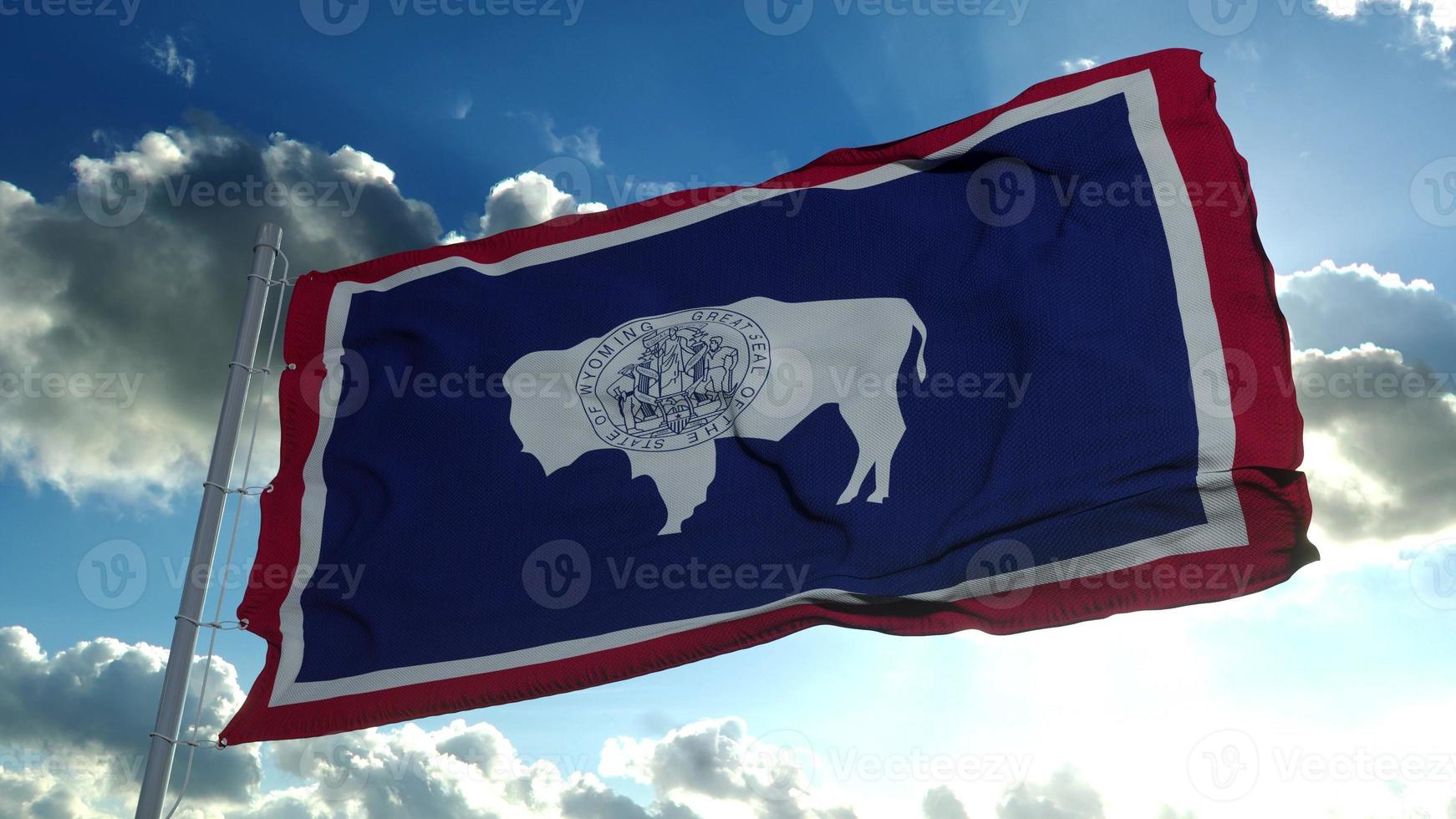 bandera de wyoming en un asta de bandera ondeando en el viento, fondo de cielo azul. representación 3d foto