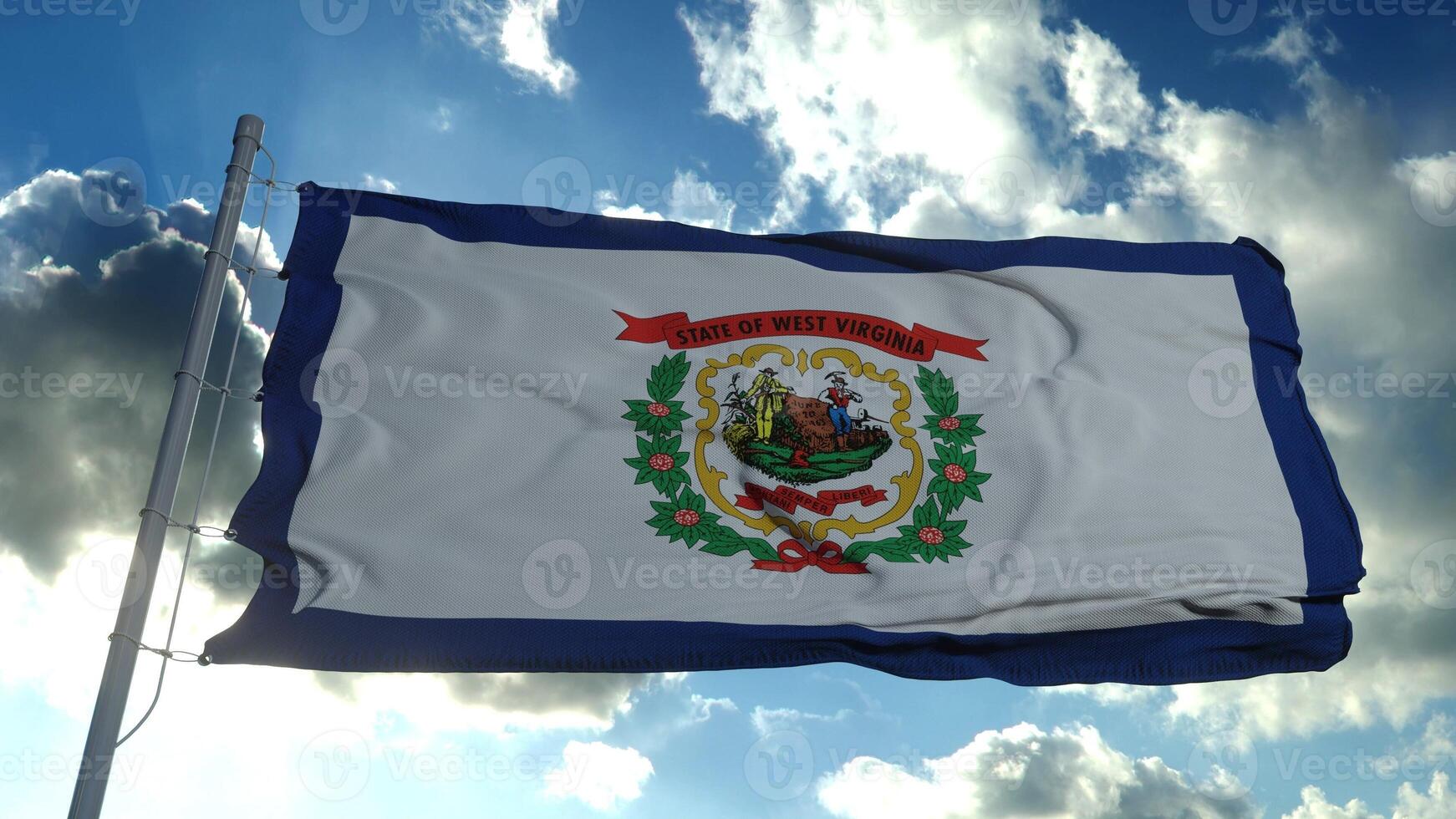 bandera del estado americano de virginia occidental, región de los estados unidos, ondeando en el viento. representación 3d foto