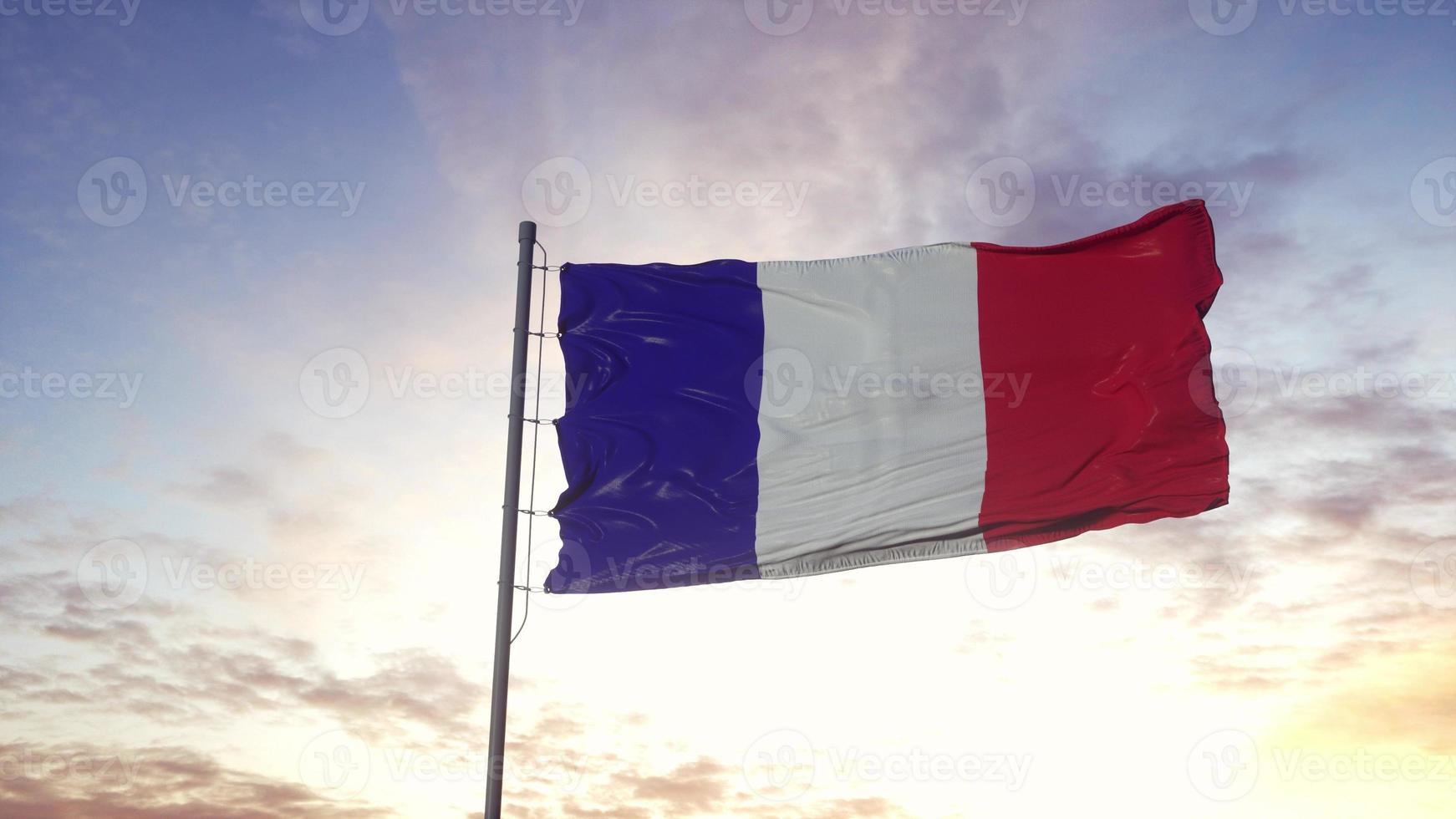 bandera nacional francesa ondeando en el viento, fondo dramático del cielo. ilustración 3d foto